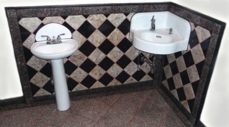 An Early Odd Installation - "Garage Sale Finds" Stone Bathroom Vanity Backsplash