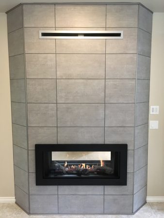 Tile Fireplace Surround with Schluter Rondec, Double Sided Heat Shift Gas Insert - Broadmead