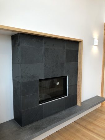 Slate Tile Fireplace with Mitred Corners, Gas Insert - Oak Bay