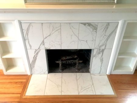 Faux Marble Porcelain Tile Fireplace Surround with Wood Trim - Oak Bay