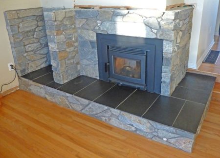 K2 Slate Veneer Stone Fireplace Surround with Wood Stove Insert - Side View - Kingsley