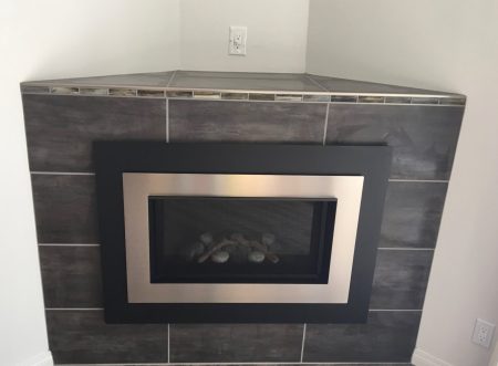Corner Fireplace with Glass Mosaic Tile Accent Band, Schluter Rondec and Gas Insert - Dean Park