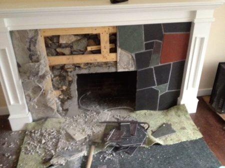 2 Layers of Ugly Face - Before Demo Yellow Fireplace - Oak Bay