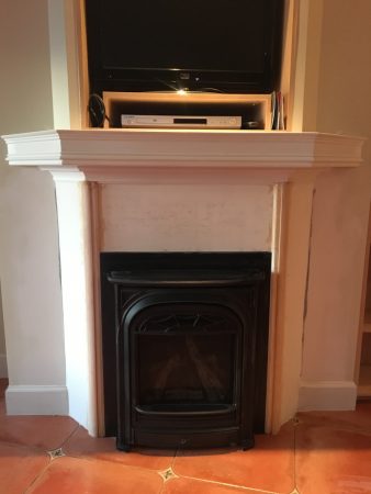 Wood Stove Insert Fireplace Surround in Cement Board with Wood Moulding (Before Paint) - Oak Bay