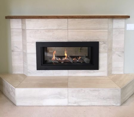Large Format Tile Fireplace with Schluter Rondec Edge, Heat Shift Double Sided Gas Insert - Broadmead