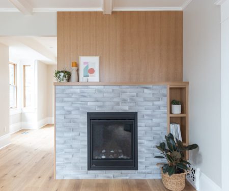 Grey Subway Tile Fireplace with Gas Insert - Oak Bay