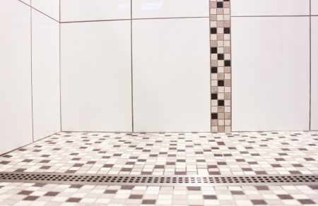 Mosaic Shower Floor With Line Drain and Vertical Tile Accent Band - Oak Bay