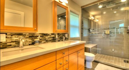 Walk In Steam Room Shower with Bench and Glass Mosaic Tile Accent Bands - Lansdowne