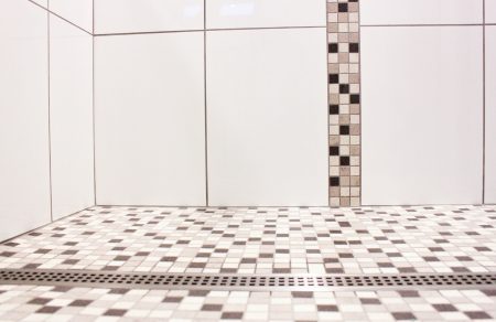 Mosaic Shower Floor With Line Drain and Vertical Tile Accent Band - Oak Bay