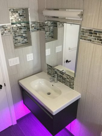 Bathroom Tile with Niche Box, Mosaic Accent Band Framed With Schluter Quadec and Undermount LED Lit Vanity - Quadra