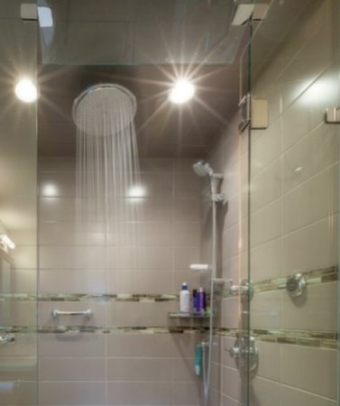 Walk In Steam Room Shower with Bench and Glass Mosaic Tile Accent Bands - Lansdowne - Times Colonist Photo