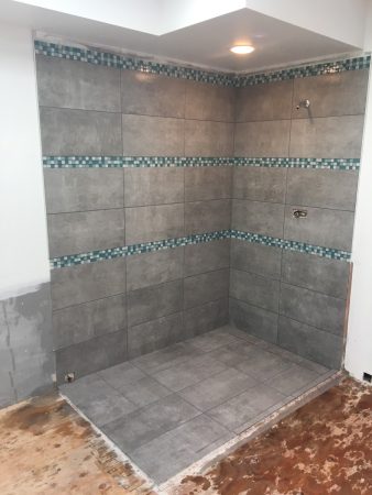 Walk In Shower with 3 Blue Glass Mosaic Tile Accent Bands and Tileable Line Drain  - Lands End Rd.