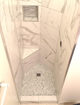 Tiny Shower with Corner Bench, Glass Mosaic and Niche Box - Oak Bay