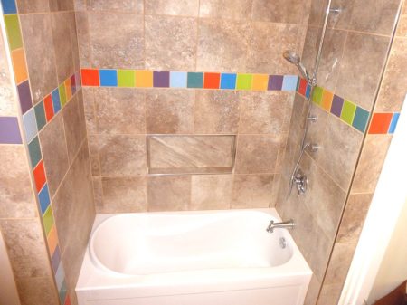 Kids Bathroom Shower with Niche Box and Colourful Accent Band - View Royal