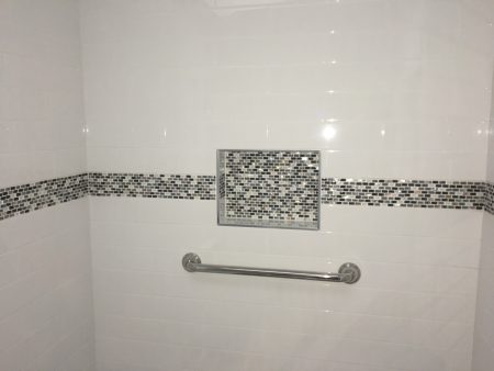 Subway Tile Shower with Glass Mosaic Tile Accent Band, Niche Box and Grab Bar - Broadmead