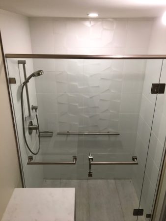 Curbless Walk In Shower with Tileable Line Drain and Tileware Grab Bar, Soap Tray - Mt. Newton