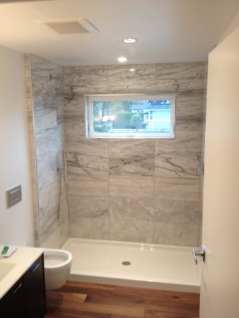 White Marble Shower with Window - Cadboro Bay