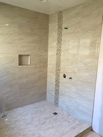 Huge Walk In Shower with Niche Box and Vertical Glass Mosaic Tile Accent Band - Bear Mountain
