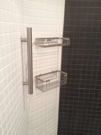 2x2" Mosaic Tile Shower and Bathroom Floor with Tileware Stainless Steel Soap Basket and Grab Bar - The Edge Condos