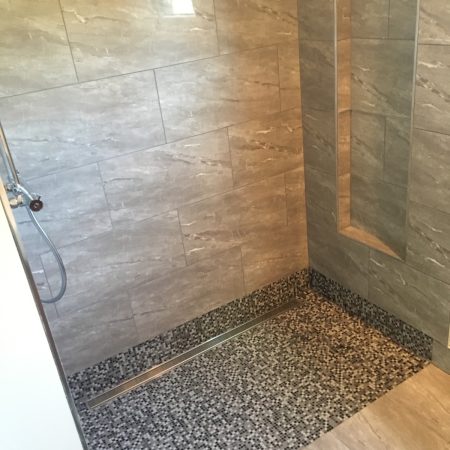 Curbless Shower with Line Drain, Mosaic Tile Pan and Niche box with Glass Shelves - Fernwood