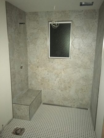 Curbless Shower with Bench, Line Drain, Mosaic Tile Floor and Hex Tile Walls, Window - Salt Spring Island