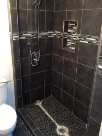 Walk In Shower with Glass Mosaic Tile Accent Band, Niche Box and Pebble Pan - Before Glass - Swan Lake