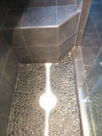 Walk In Shower with Glass Mosaic Tile Accent Band, Niche Box and Pebble Pan - Bench - Swan Lake