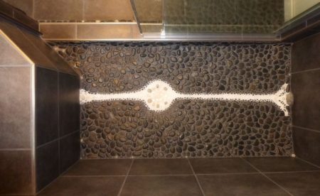 Walk In Shower with Glass Mosaic Tile Accent Band, Pebble Pan Detail - Swan Lake