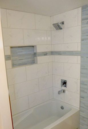 Tub Surround Shower with 2 Niche Boxes, Glass Tile Accent Band - Swan Lake