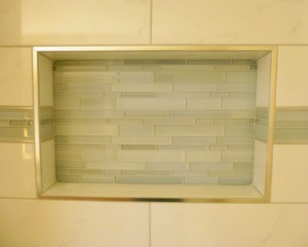 Tub Surround Shower with 2 Niche Boxes, Glass Tile Accent Band Detail 2 - Swan Lake