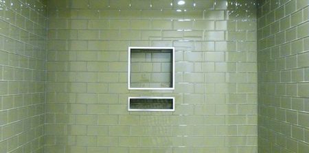 Green Glass Tile Shower with Niche Boxes - Esquimalt