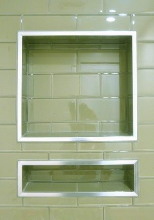 Green Glass Tile Shower with Niche Boxes Detail - Esquimalt