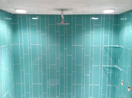 Blue Glass Tile Shower with Glass Corner Shelves - Gorge