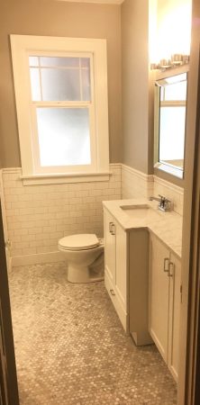 Subway Tile Shower with Hex Mosaic Floor, In Floor Heat and Chair Rail Profile - Oak Bay