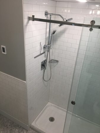 Subway Tile Shower with Hex Mosaic Floor, In Floor Heat and Chair Rail Profile - Oak Bay