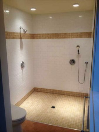 Subway Tile Shower with Stone Mosaic Accent Band, Curbless Entry - Oak Bay