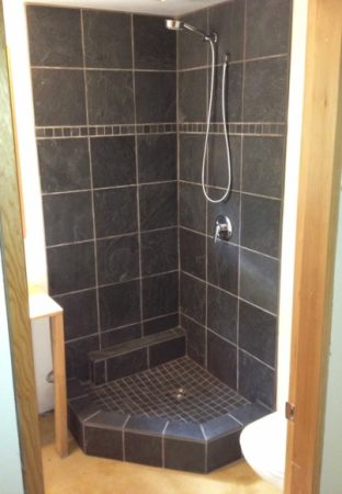 Slate Corner Shower with Accent Band and Drypack Pan - Oldfield Rd.