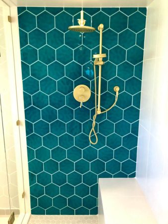 Blue Hexagon Tile with Brass Accents Steam Room - Hex Accent Wall - Maplewood