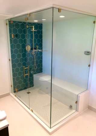 Blue Hexagon Tile with Brass Accents Steam Room  - Maplewood