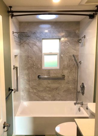Large Panel 24x48" Tile Shower with Niche Box, Glass Shelf, Grab Bars, Towel Rack and Shower Curtain Bar - Maplewood