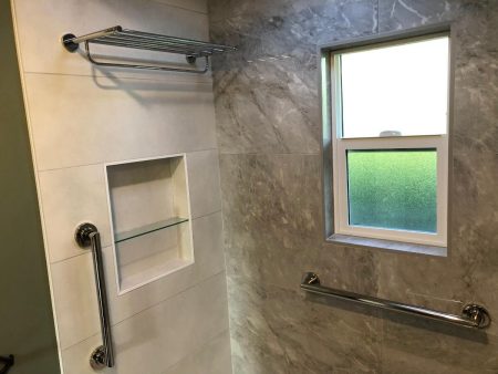 Large Panel 24x48" Tile Shower with Niche Box, Glass Shelf, Grab Bars and Towel Rack - Maplewood