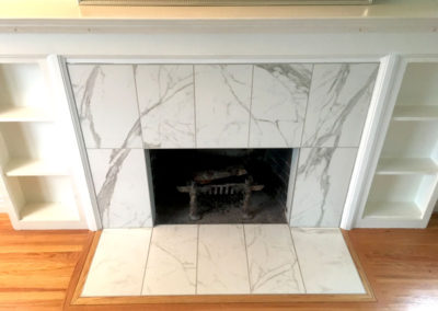 Faux Marble Porcelain Tile Fireplace Surround with Wood Trim - Oak Bay