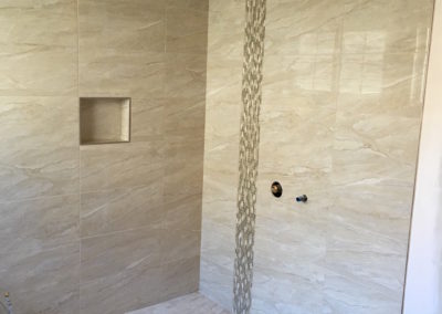 Huge Walk In Shower with Niche Box and Vertical Glass Mosaic Tile Accent Band - Bear Mountain