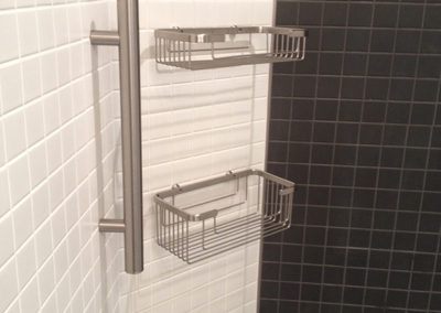 2x2" Mosaic Tile Shower and Bathroom Floor with Tileware Stainless Steel Soap Basket and Grab Bar - The Edge Condos