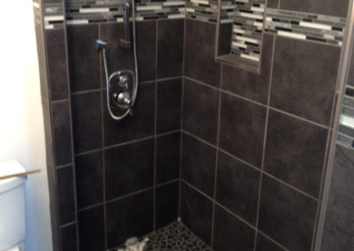 Walk In Shower with Glass Mosaic Tile Accent Band, Niche Box and Pebble Pan - Before Glass - Swan Lake