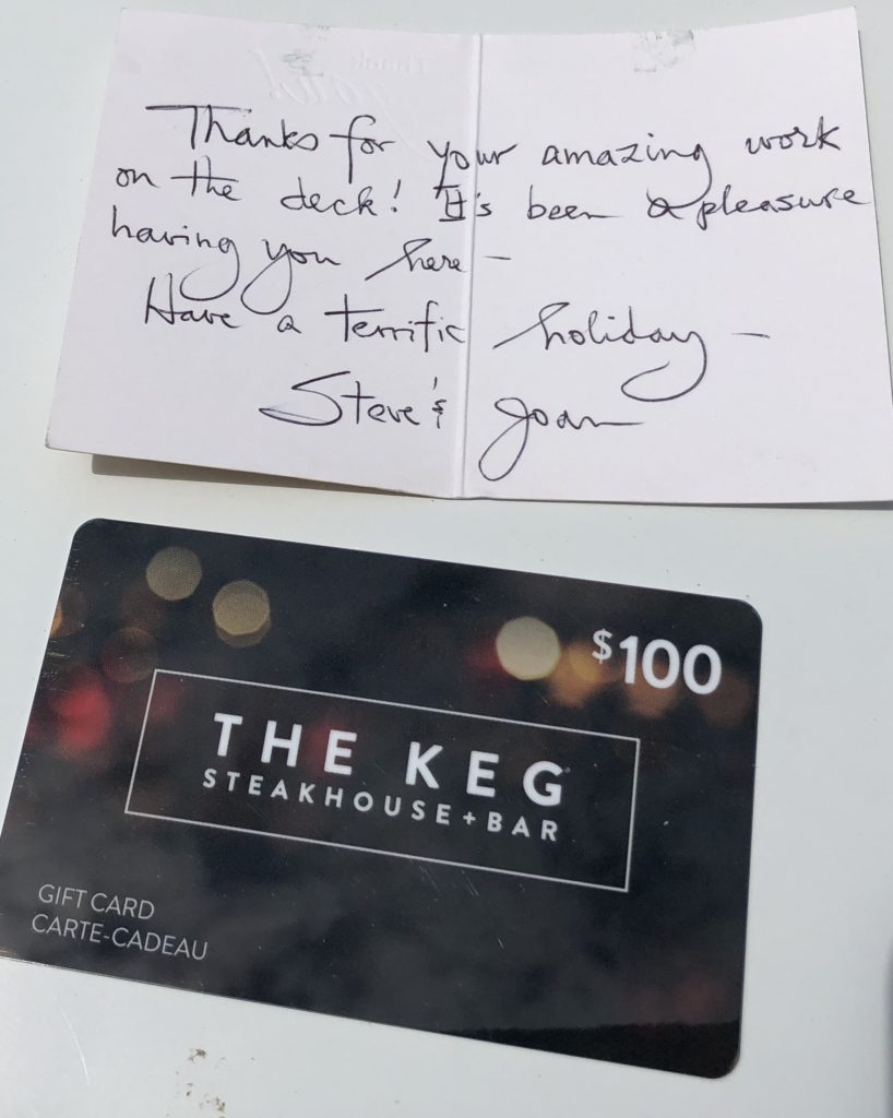 Testimonial: "Thanks for your amazing work on the pool deck! It's been a pleasure having you here. Have a terrific holiday - Steve and Joan Mann - With $100 Gift Card to The Keg