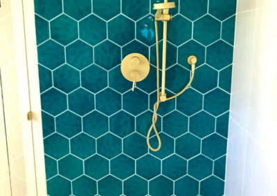 Blue Hexagon Tile with Brass Accents Steam Room - Hex Accent Wall - Maplewood