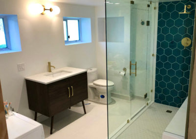 Blue Hexagon Tile with Brass Accents Steam Room - Window Boxes - Maplewood