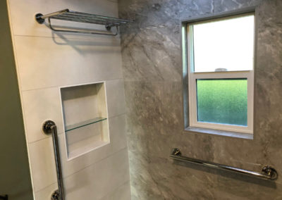 Large Panel 24x48" Tile Shower with Niche Box, Glass Shelf, Grab Bars and Towel Rack - Maplewood